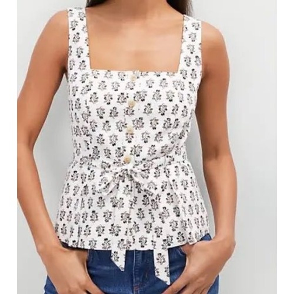 Ann Taylor Women 10 Linen Blend Floral Button Front Peplum Tie Waist Tank Top